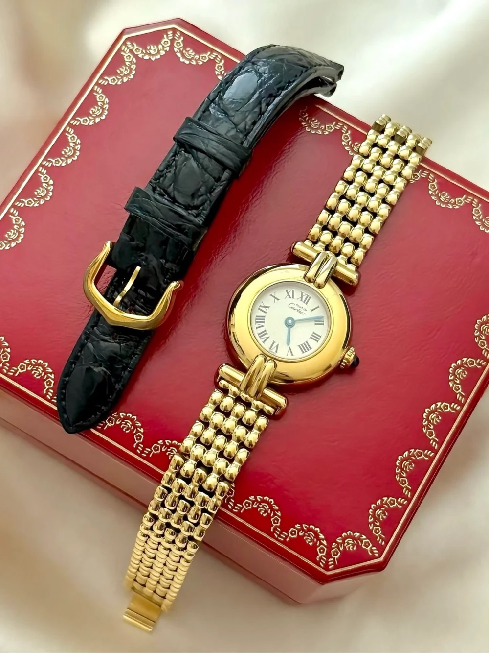 AUTHENTIC RARE VINTAGE CARTIER GOLD WATCH - WITH BOX & EXTRA LEATHER STRAP